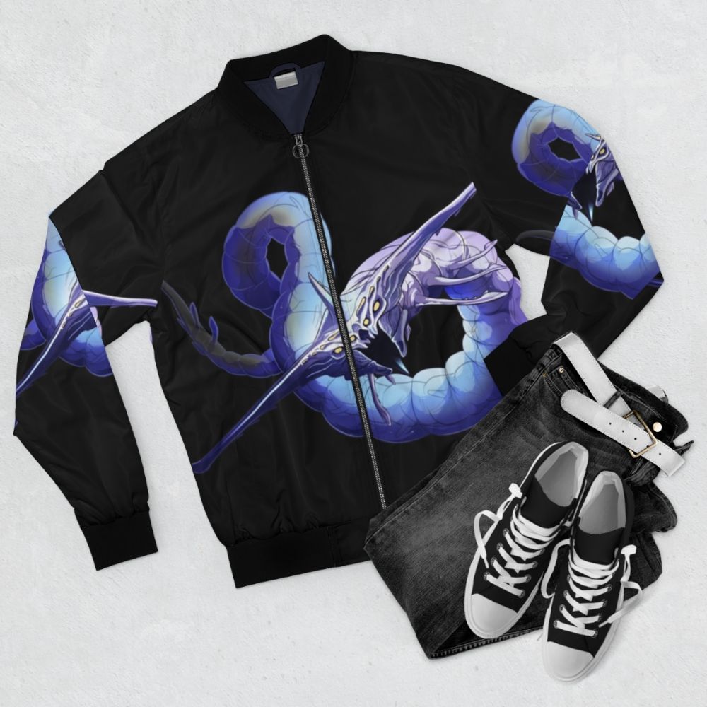 Subnautica Ghost Leviathan Bomber Jacket featuring the iconic alien creature from the game - Flat lay