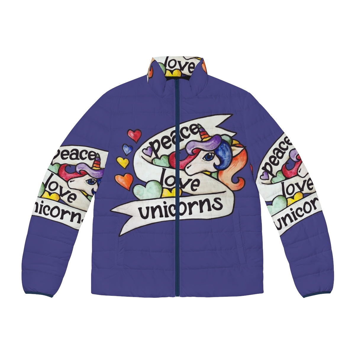 Retro unicorn puffer jacket in a vibrant rainbow design