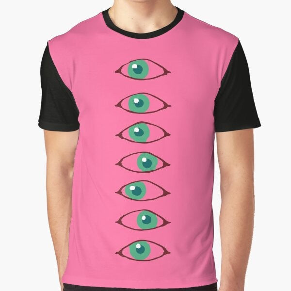 No More Heroes Shifty Eye Graphic T-Shirt featuring a shocking pink design with a shifty eye graphic