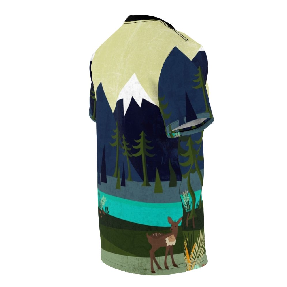 T-shirt featuring a serene nature landscape with deer, trees, and a river - men right