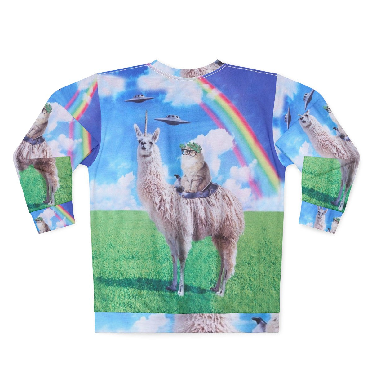 Cosmic cat riding llama unicorn rainbow UFO graphic sweatshirt - Back