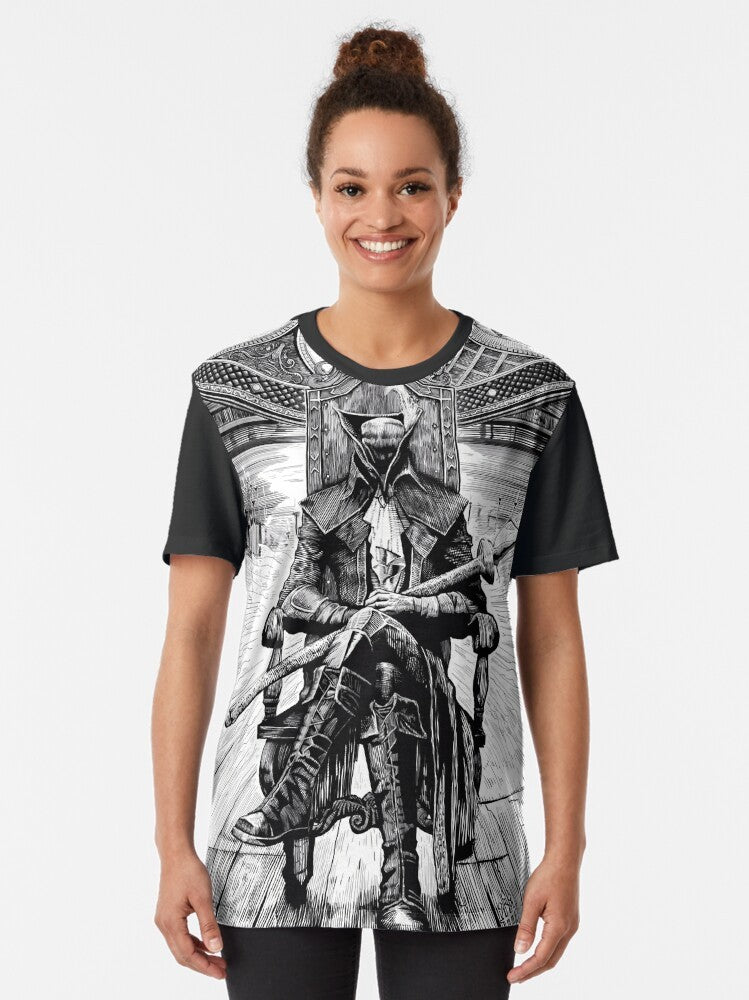 Lady Maria, a character from the video game Bloodborne, on a graphic t-shirt design. - Women