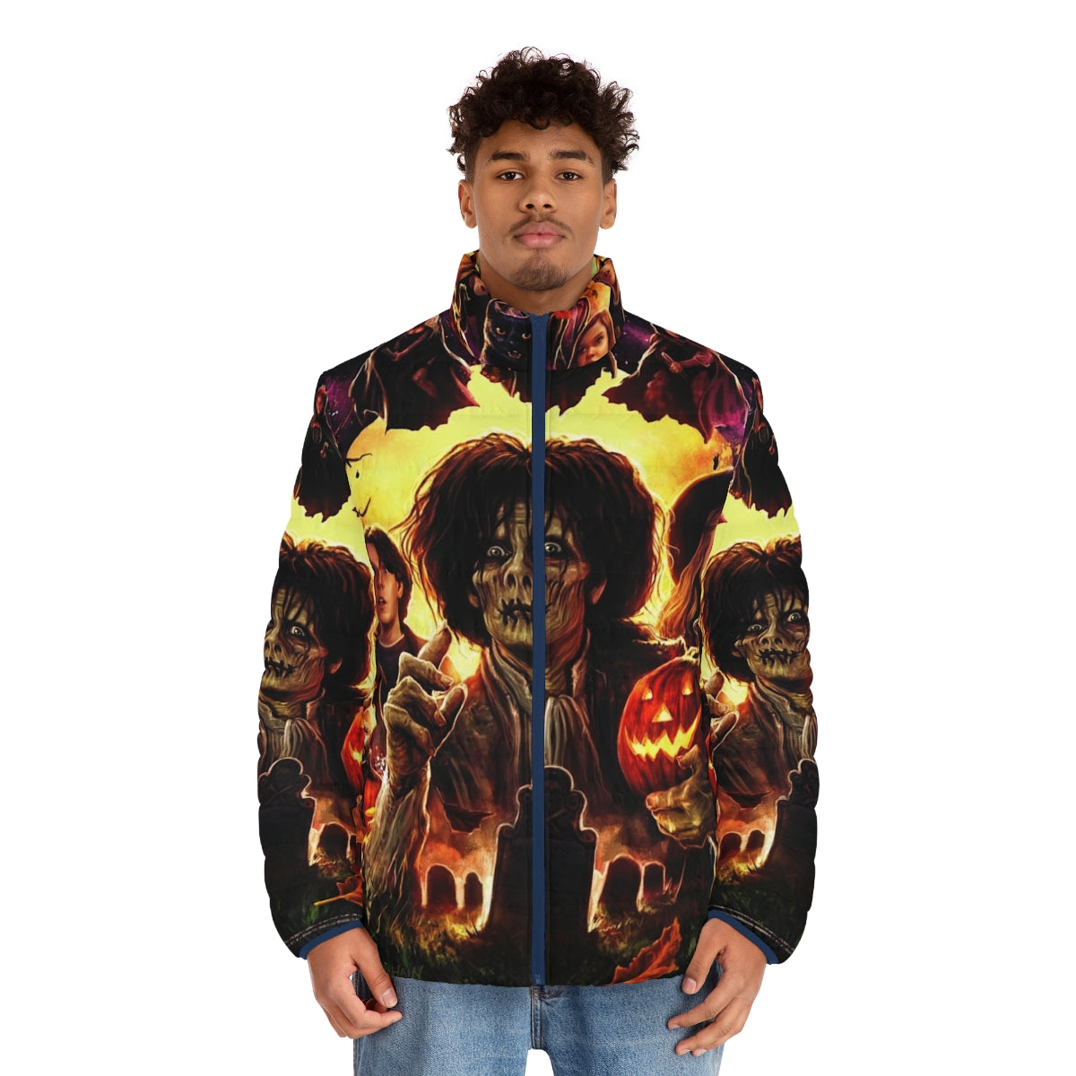 Hocus Pocus-themed puffer jacket with witches, black cats, and other Halloween elements - men front