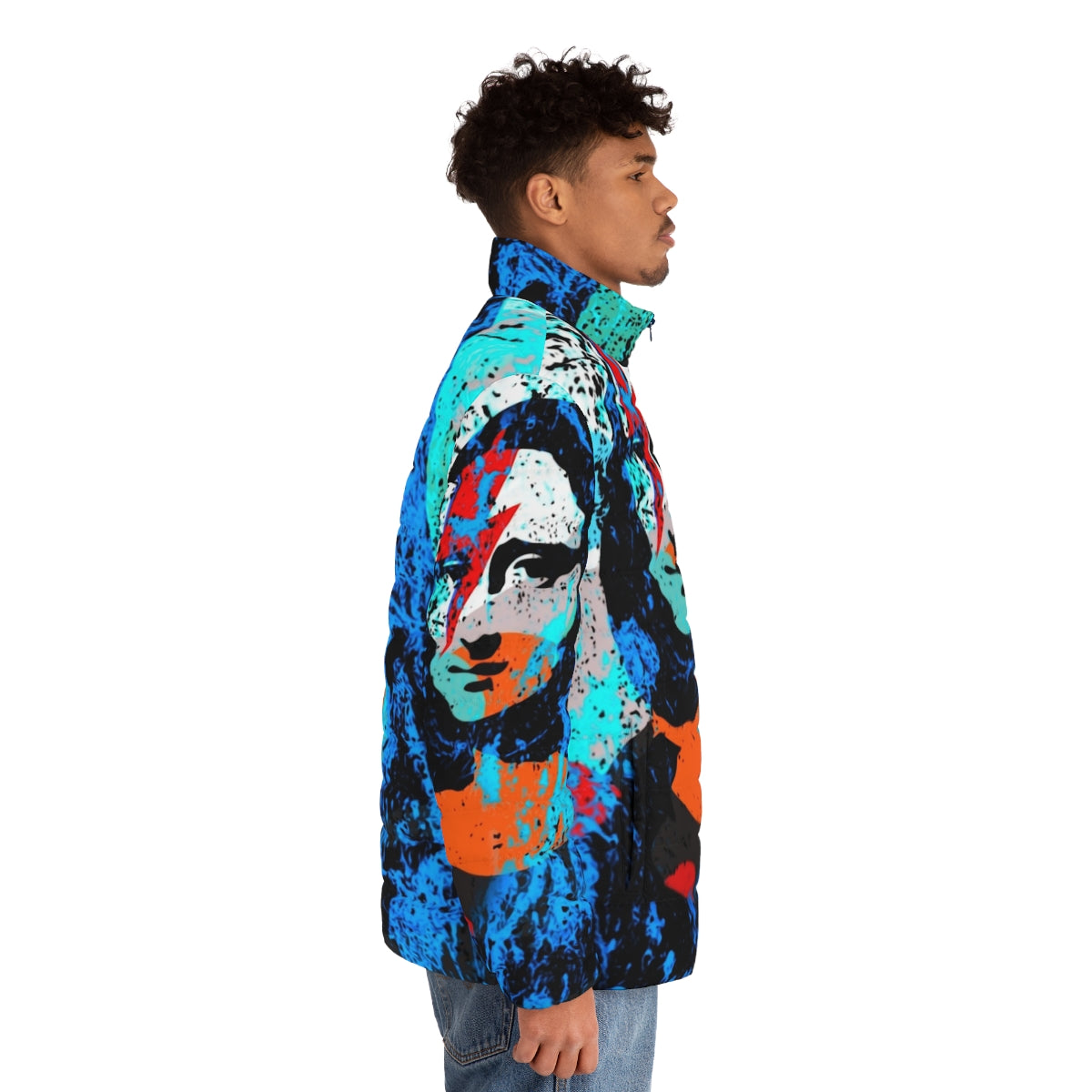 Mona Lisa inspired puffer jacket featuring street art and classic art elements - men side right