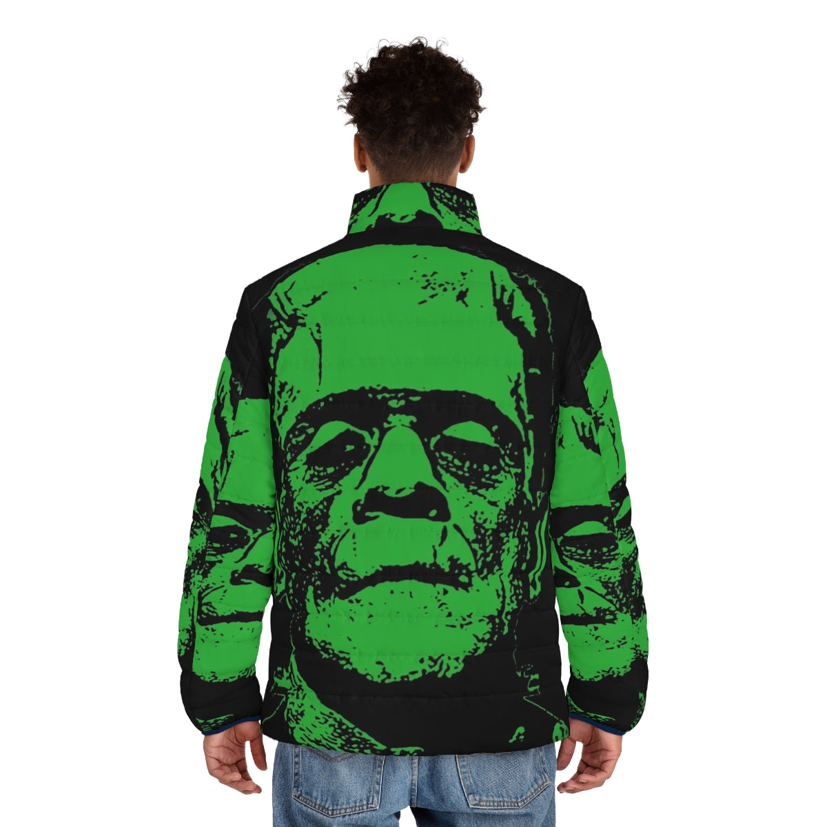 Frankenstein-inspired green puffer jacket with classic monster design - men back