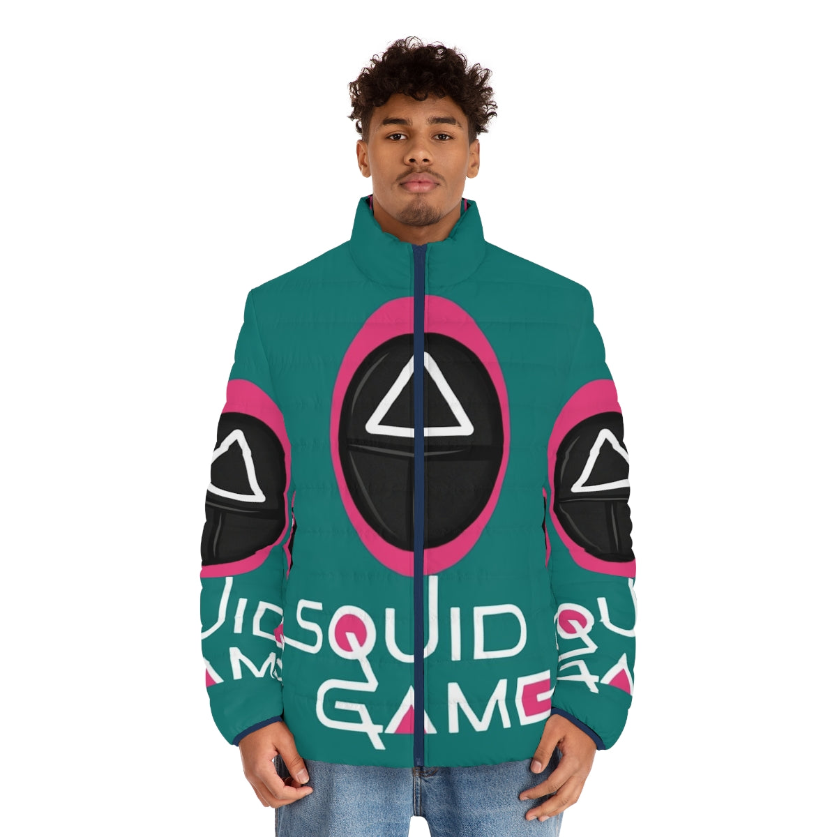 Squid Game Netflix Puffer Jacket with Masked Soldier Design - men front