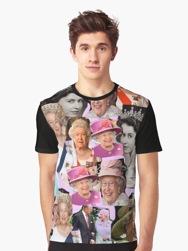 HRH Queen Elizabeth II Graphic T-Shirt, featuring a vibrant pop art collage design - Men