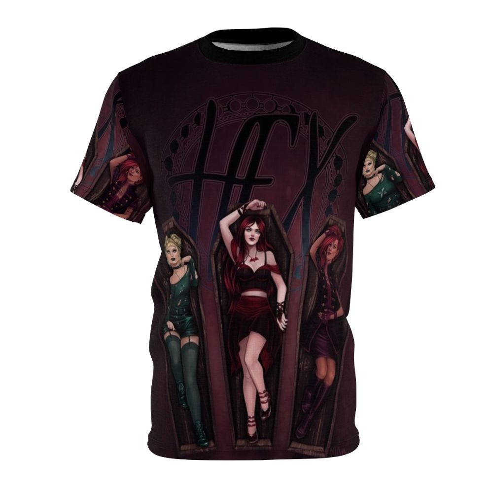 Three women in a gothic, spooky design printed on a high-quality t-shirt