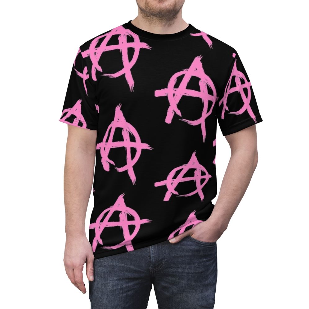 Vibrant pink anarchy-inspired t-shirt with stylish graphics for music fans - men front