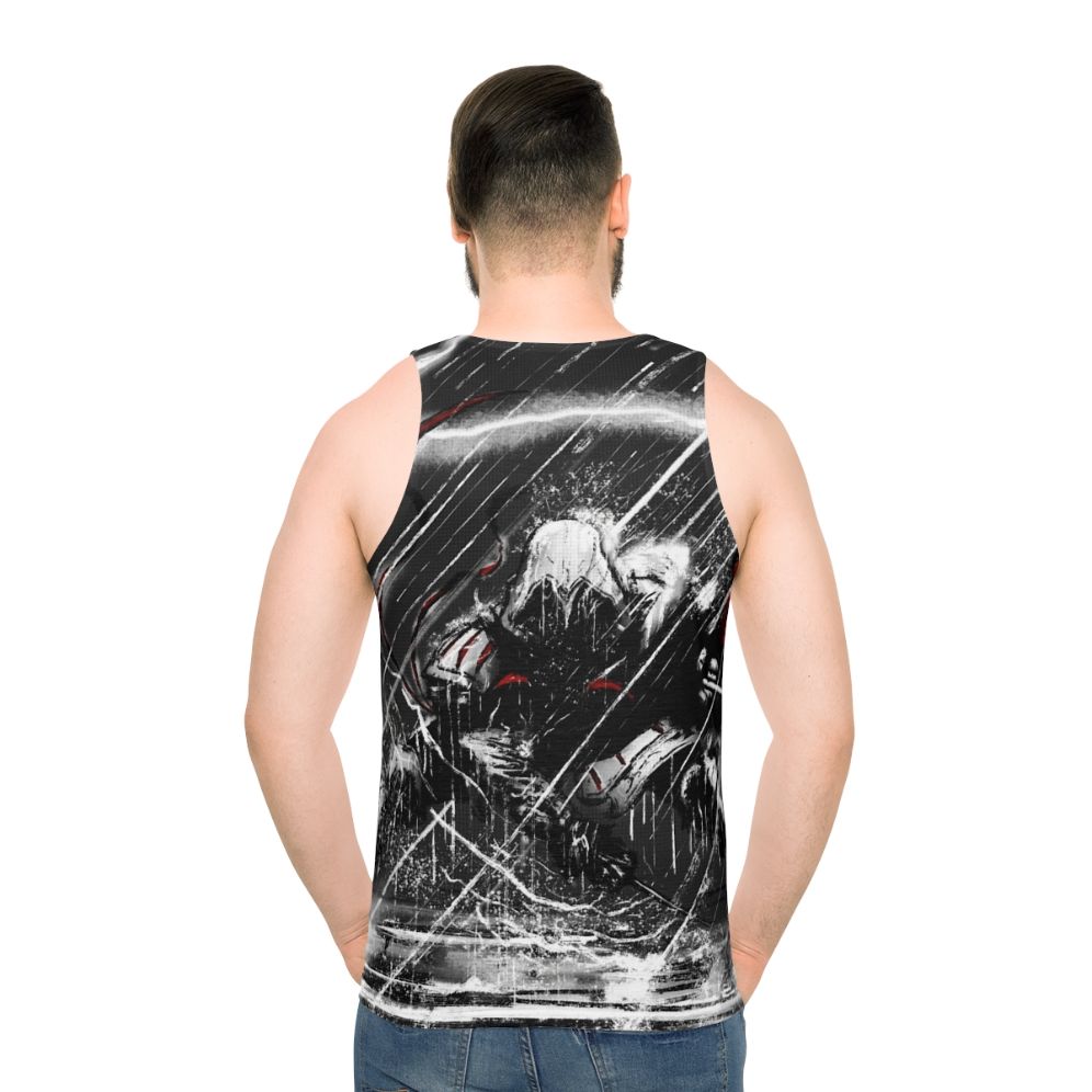 Assassin's Creed inspired unisex tank top with comic book style thunder design - men back