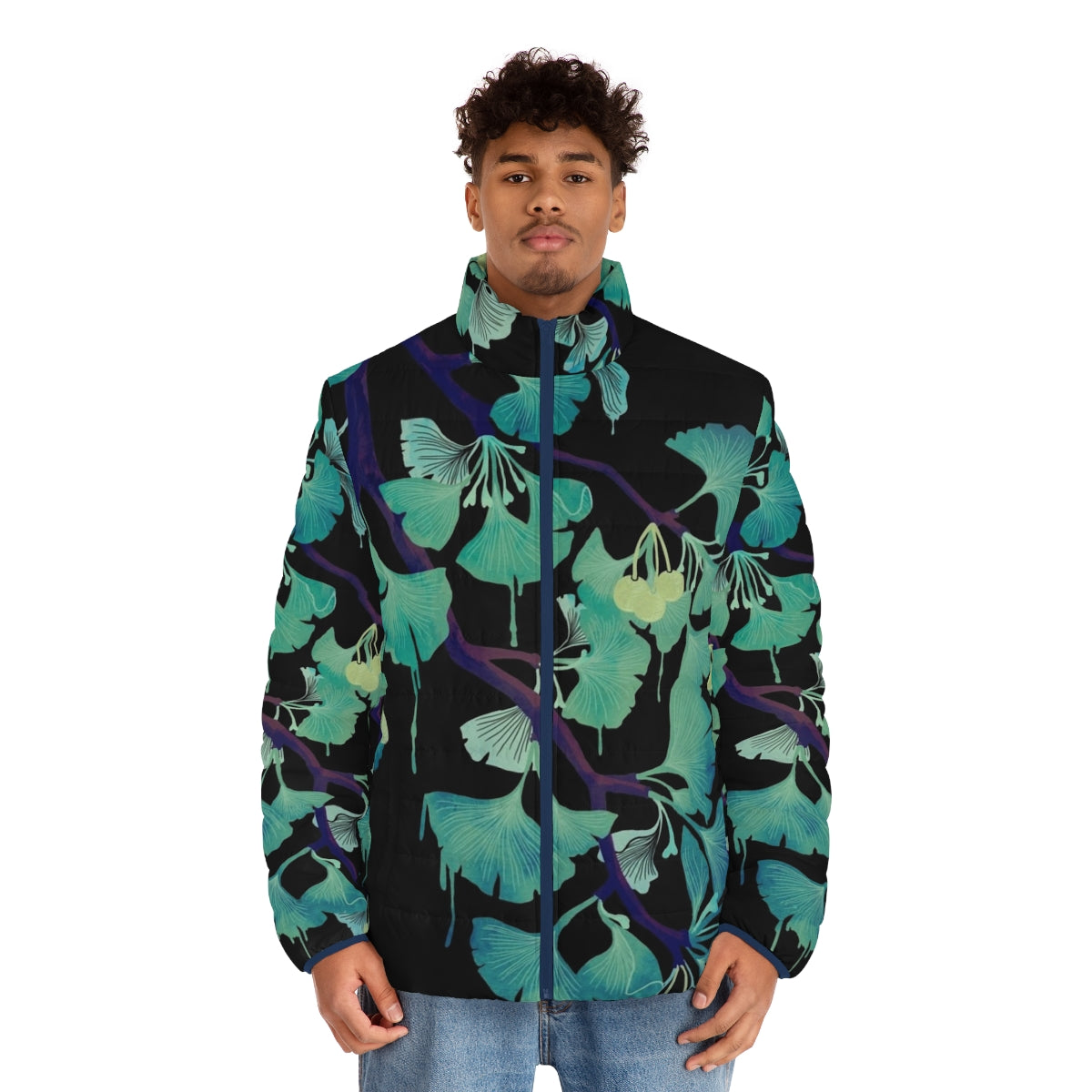 Ginkgo watercolor puffer jacket in black - men front