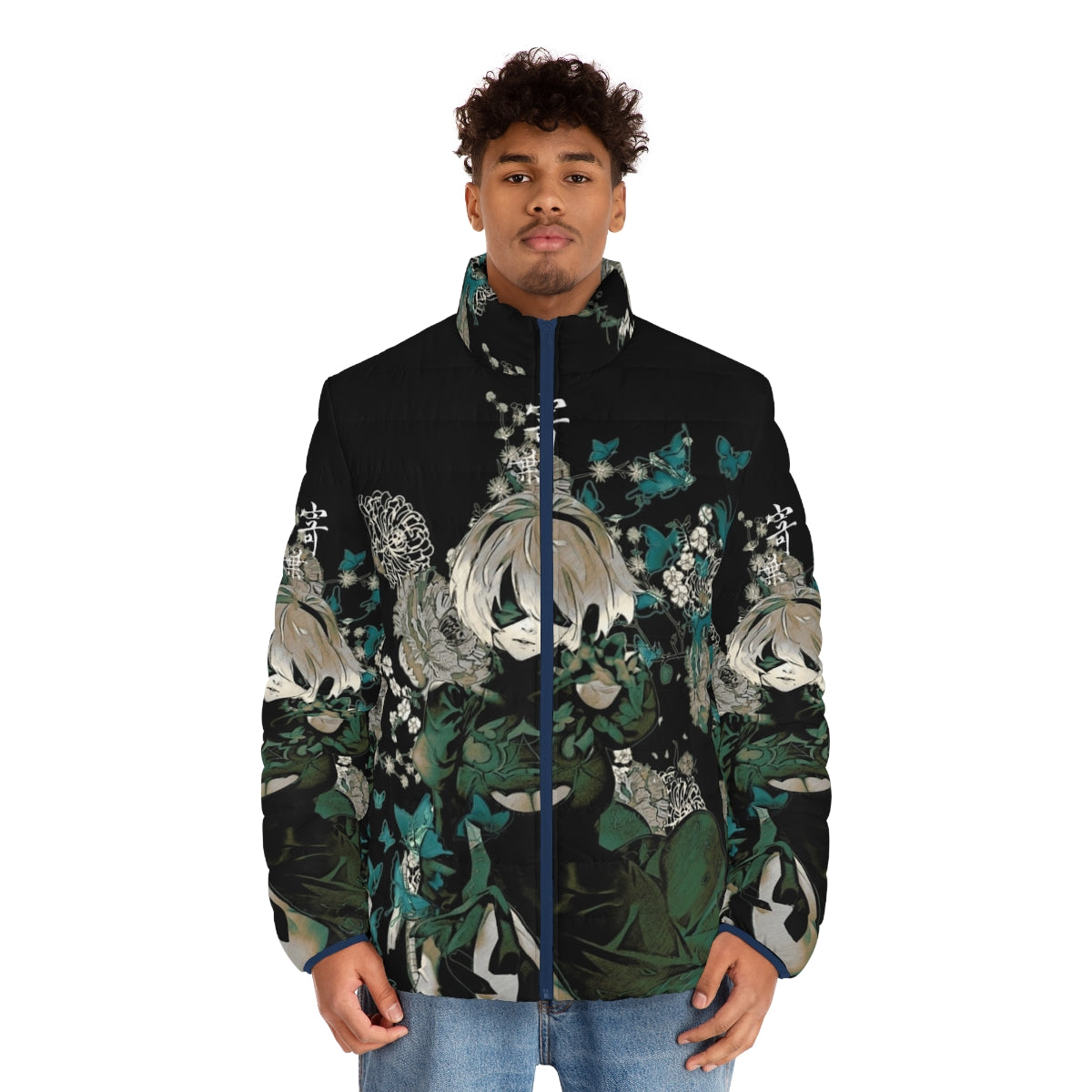 Butterflies and garden-inspired puffer jacket with Nier Automata characters - men front