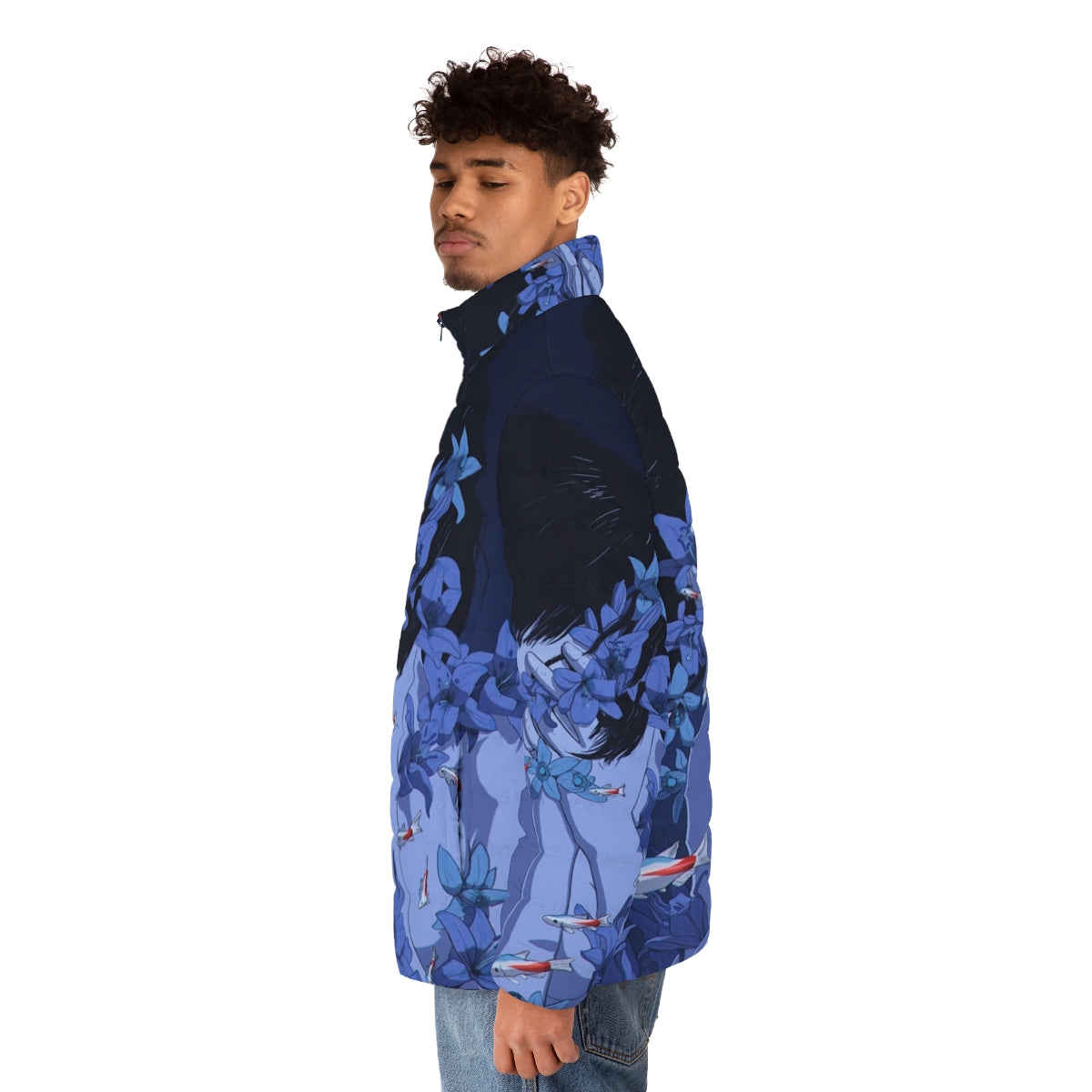 Blue puffer jacket with anime-inspired design - men side left