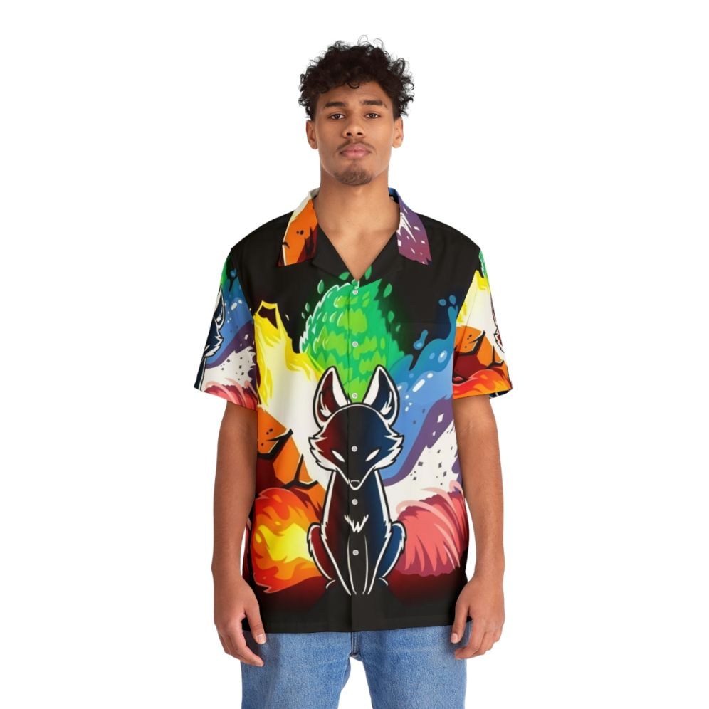 Colorful rainbow kitsune Hawaiian shirt featuring a mythical fox creature - People Front