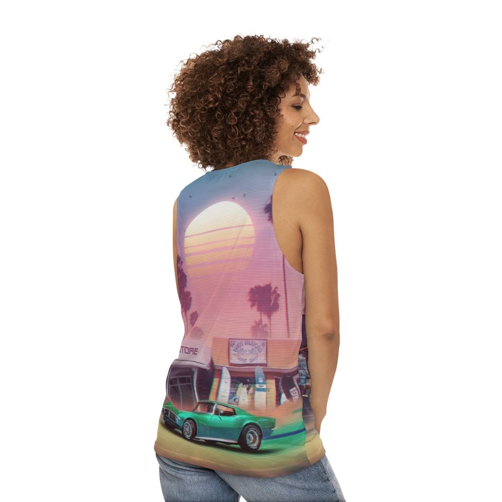 Retro Synthwave Sunset Drive Unisex Tank Top - women back