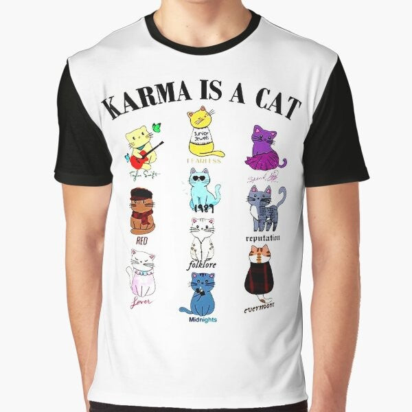 "Karma Is a Cat graphic t-shirt with a cute cat design"