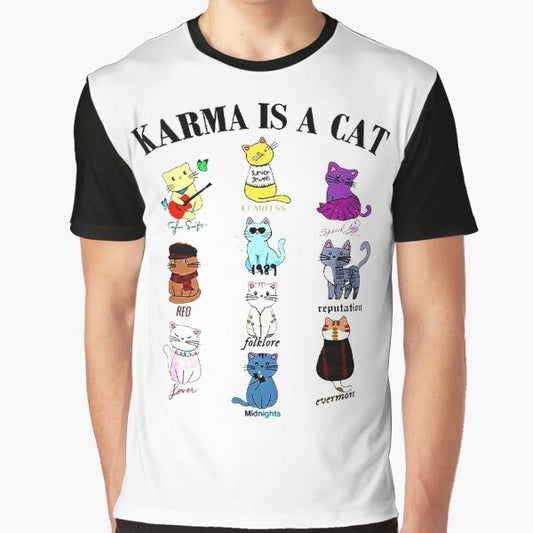 "Karma Is a Cat graphic t-shirt with a cute cat design"