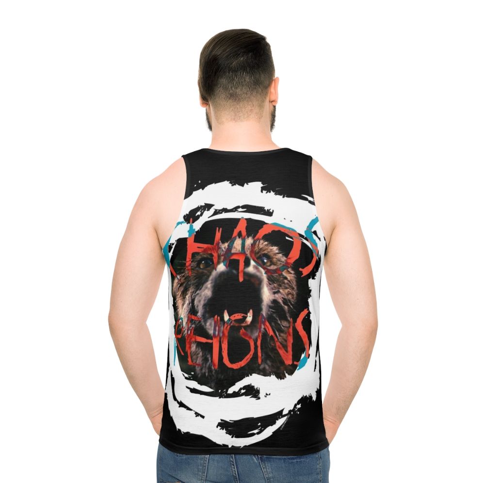 Chaos Reigns Unisex Tank Top with Cult Movie Inspired Design - men back