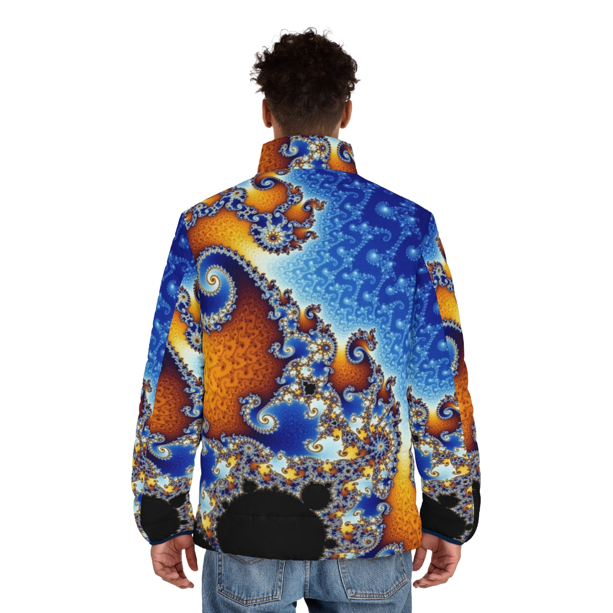 Puffer jacket featuring the intricate Mandelbrot set fractal pattern, a captivating mathematical art design - men back