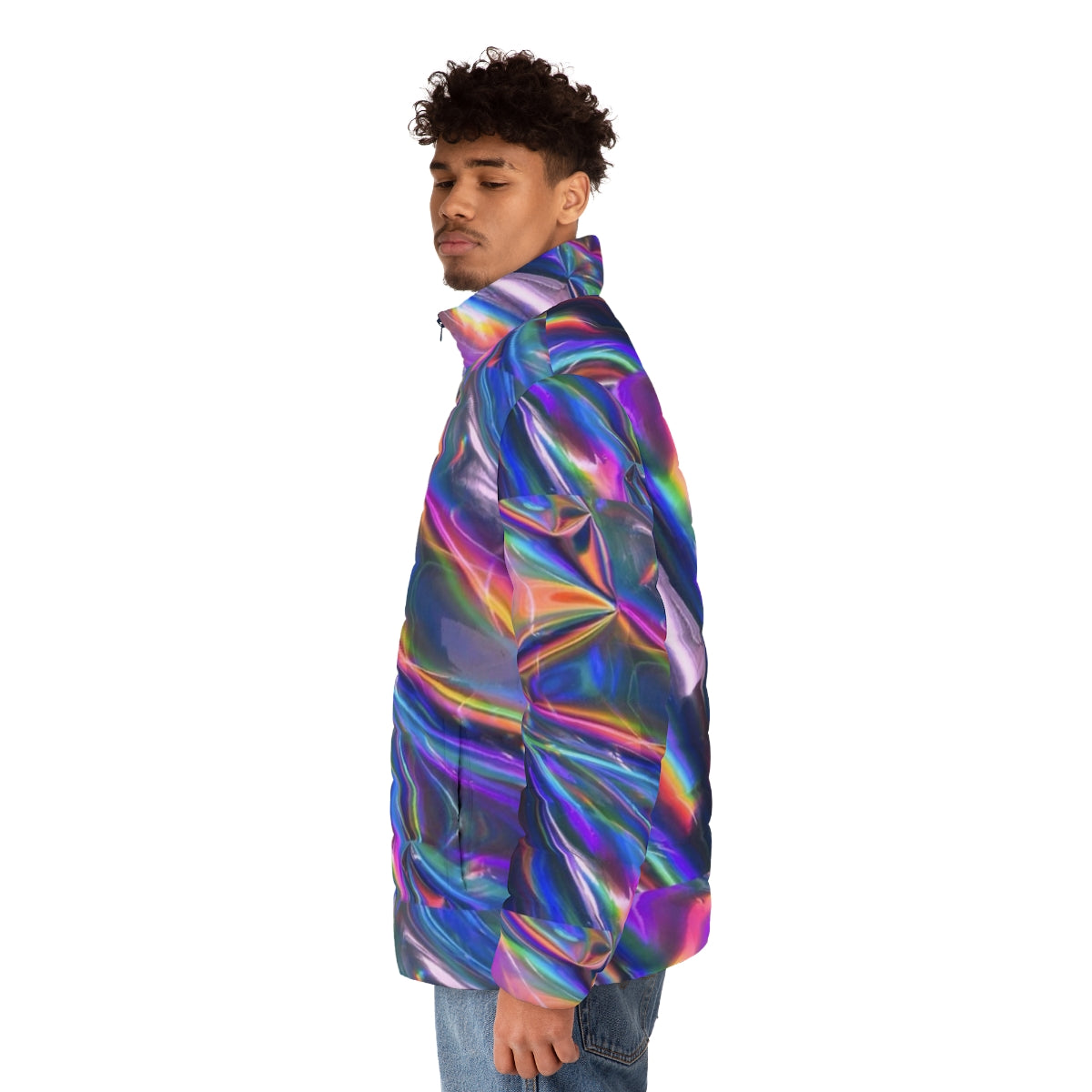 Holographic puffer jacket with shimmery, iridescent texture - men side left