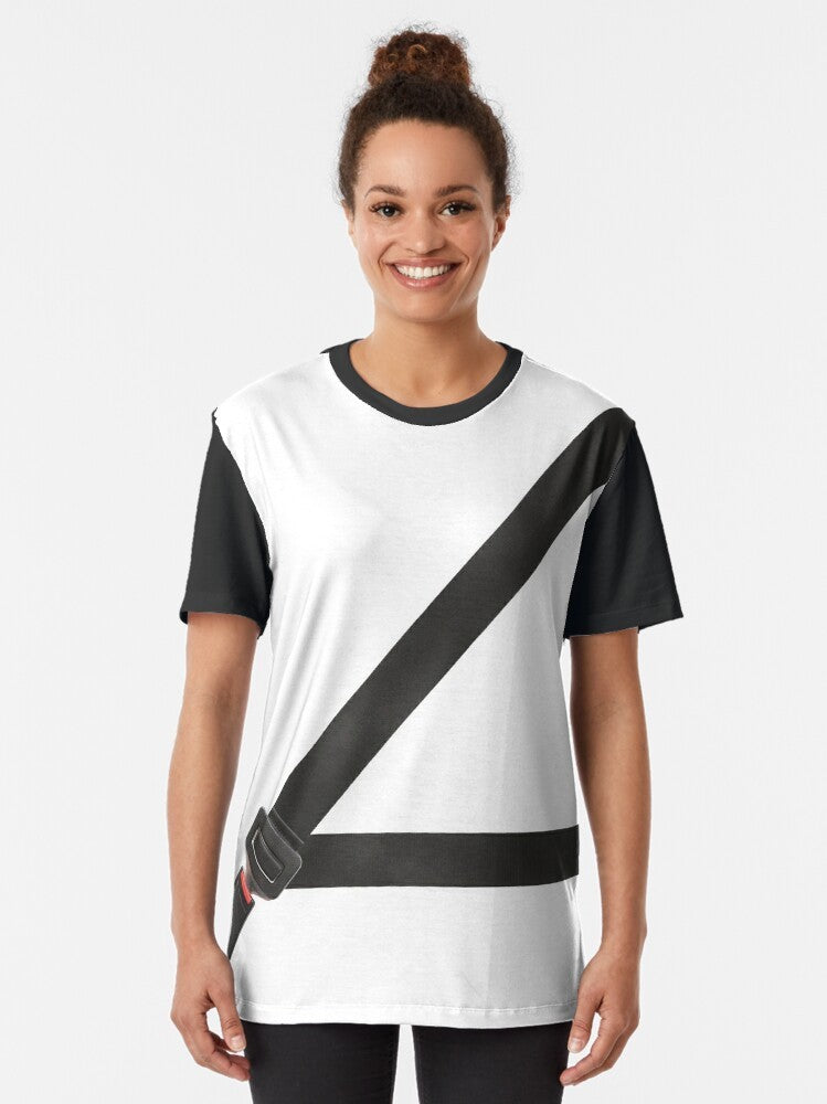 Fake seatbelt graphic t-shirt design with the words "Stay Safe, Live Dangerously" - Women