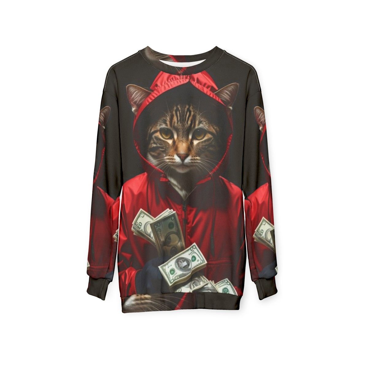 Money Heist "La Casa De Papel" themed cat sweatshirt - hanging