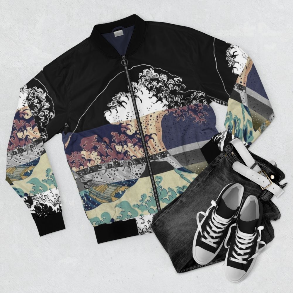 A bomber jacket featuring a colorful, glitched version of Hokusai's famous "The Great Wave" design. - Flat lay