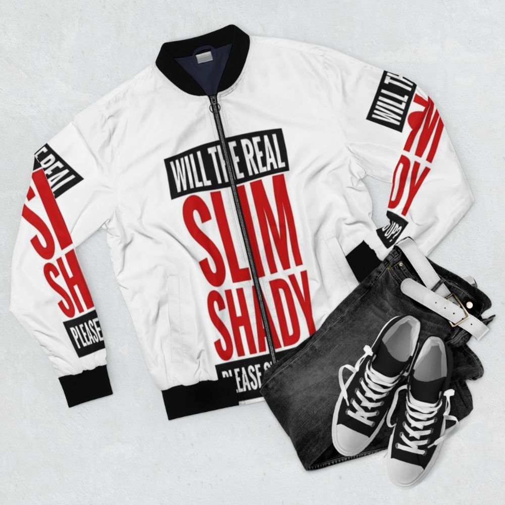 Eminem Slim Shady Hip Hop Bomber Jacket - Flat lay