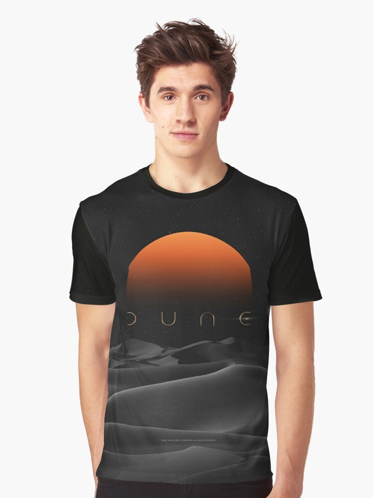 Dune movie fan art t-shirt featuring a stunning sunset graphic in orange and black - Men