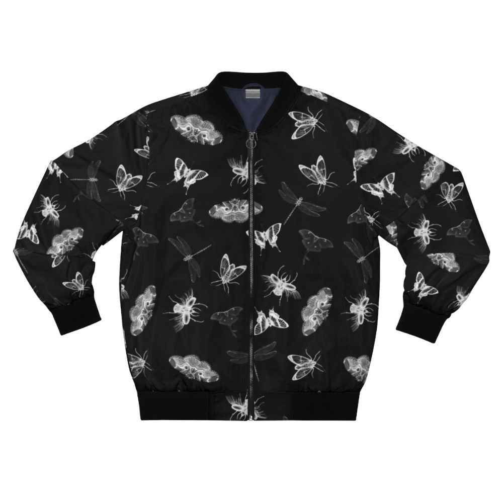 Bomber jacket with a black and white pattern of various bugs, insects, and entomology elements for a creepy, nightmare-inducing design.