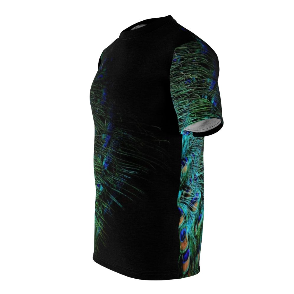 A stylish t-shirt featuring a bold and vibrant peacock feather design against a black background. - men left