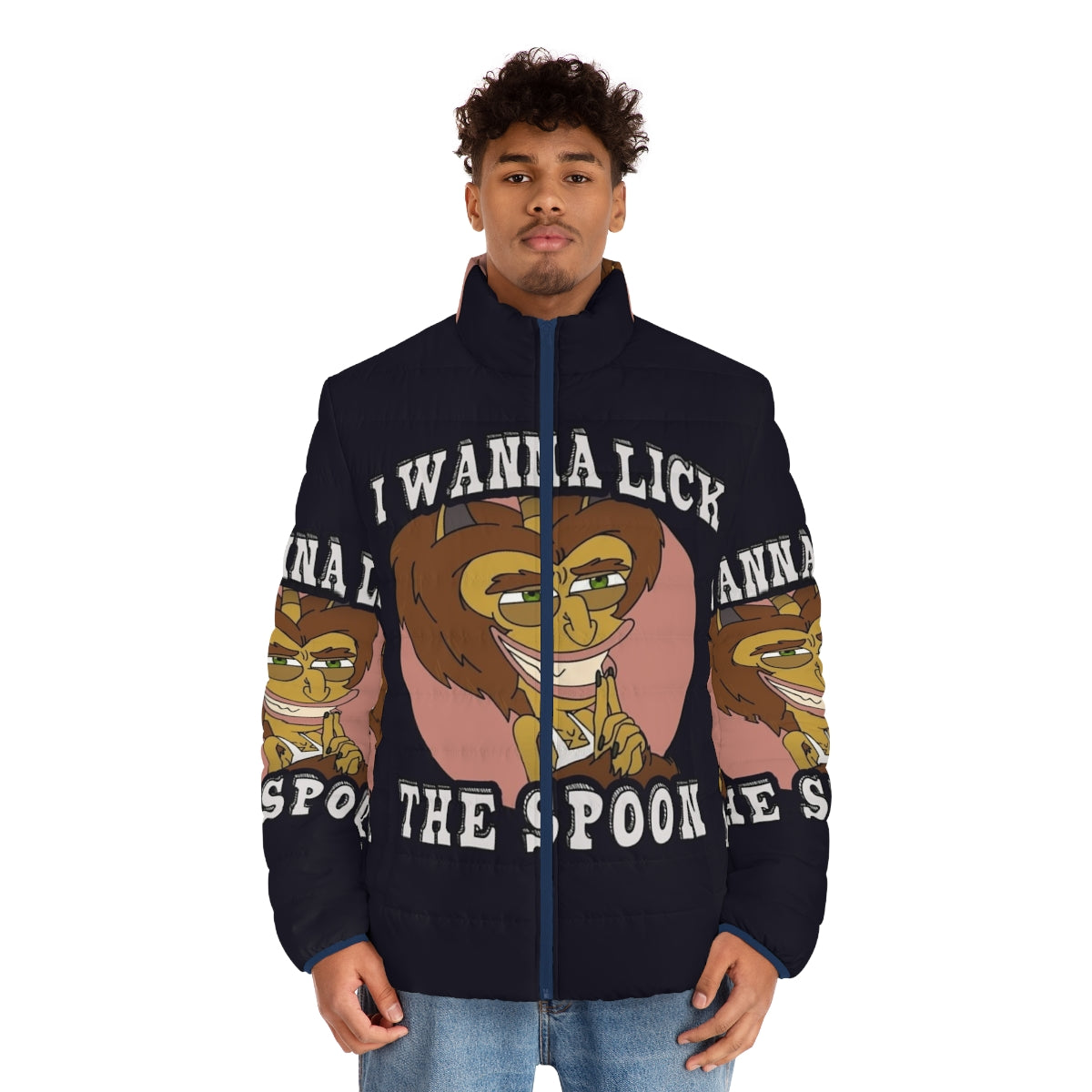 Big Mouth "I Wanna Lick the Spoon" Puffer Jacket featuring the Hormone Monster - men front