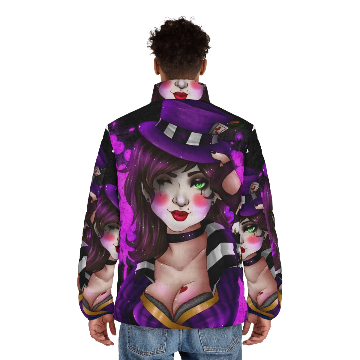 Miss Moxxi Borderlands inspired puffer jacket with black and purple color scheme - men back