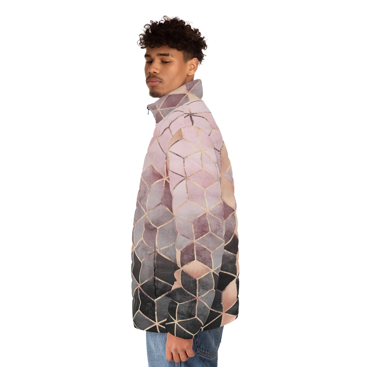 A puffer jacket featuring a gradient geometric cube pattern in pink and grey tones. - men side left