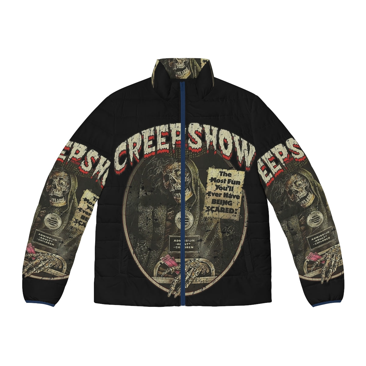 Creepshow 1982 Puffer Jacket with skeleton and skull design, perfect for horror movie fans