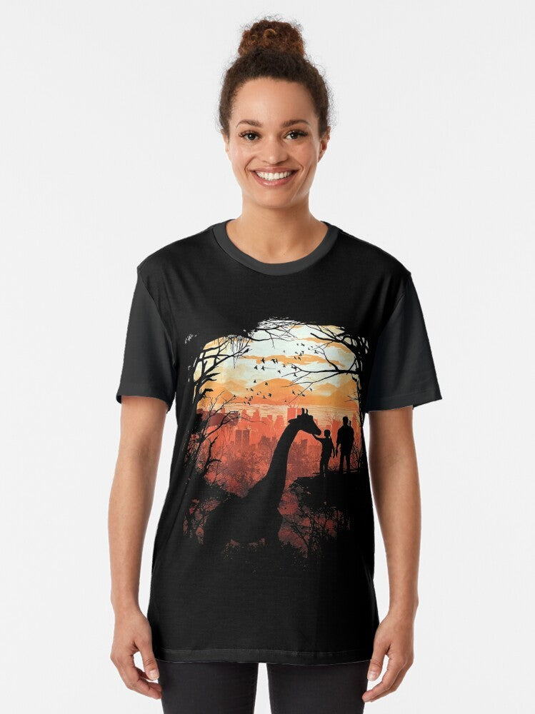 The Last of Us graphic t-shirt featuring a nature-inspired design with a giraffe, sunset, and forest - Women