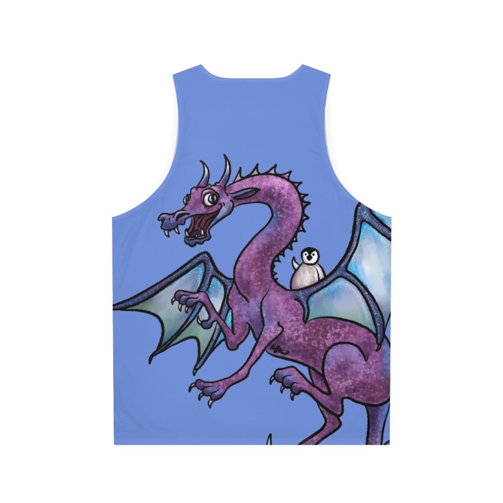 Unisex tank top with fantasy art design of a penguin and dragon in an adventurous scene - Back