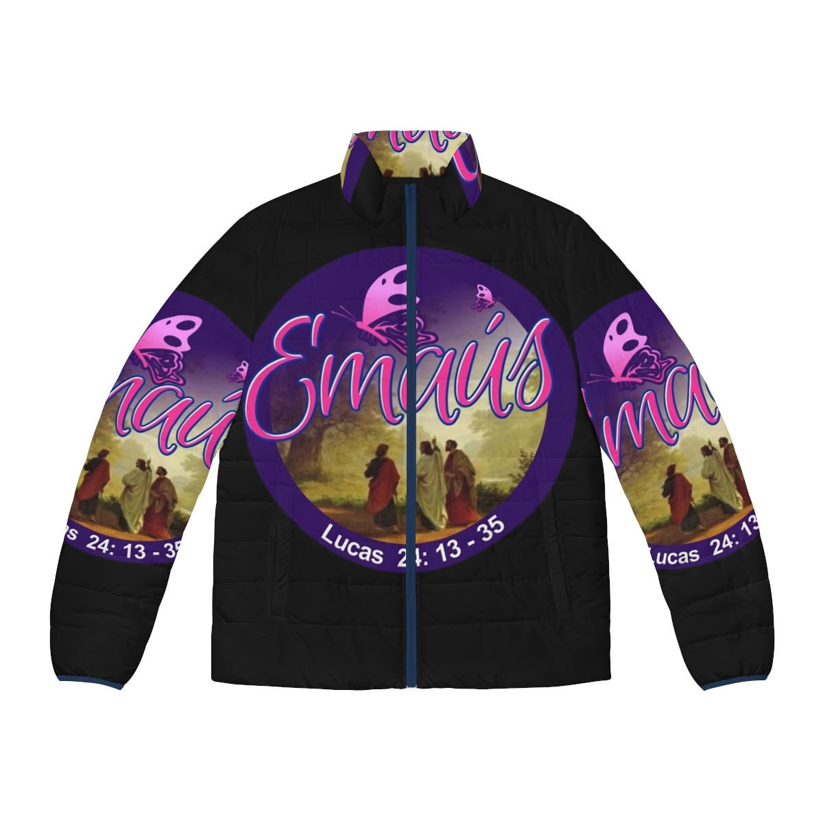 Emmaus Jesus Christ Is Risen Puffer Jacket featuring a design commemorating the resurrection of Christ