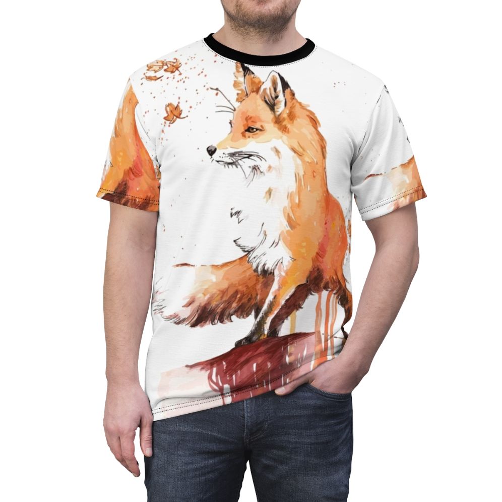 Artfully designed fox t-shirt featuring a vibrant, realistic fox illustration in an autumnal nature setting - men front