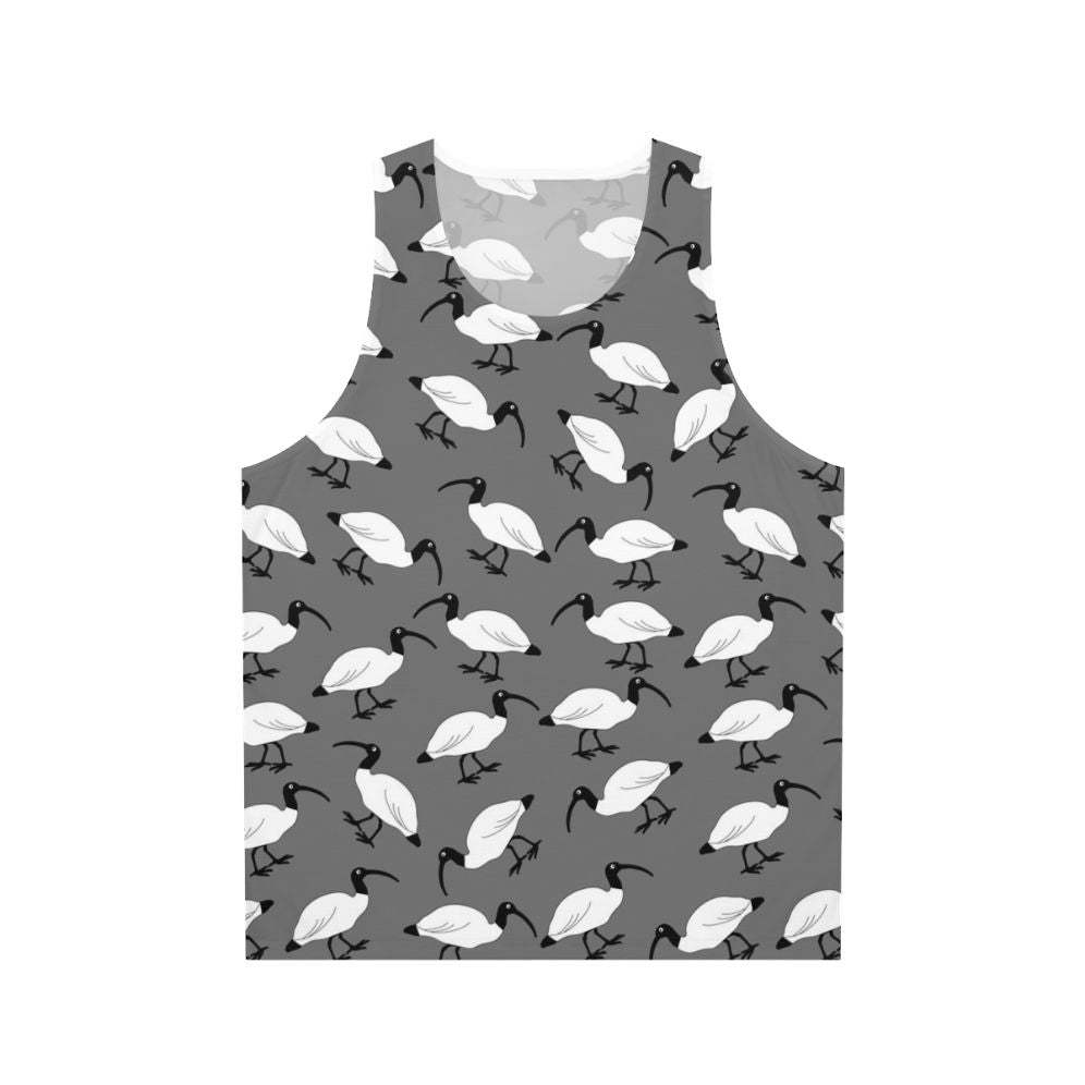 Unisex tank top with a digital print design featuring lots of bin chickens (ibis) scavenging in trash bins