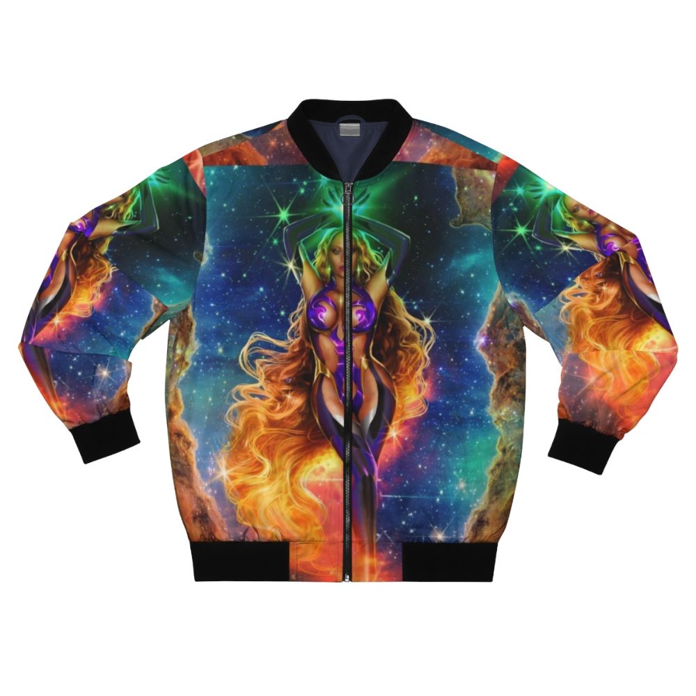 Alien Superstar Bomber Jacket with cosmic design featuring stars, fire, and purple and orange accents