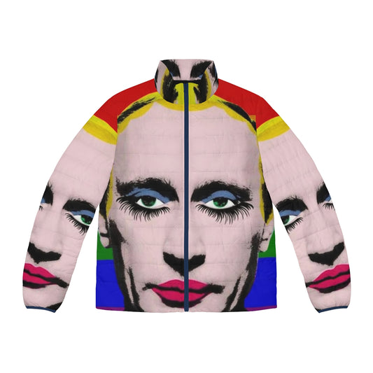 A colorful puffer jacket with a penguin design, representing LGBTQ pride.