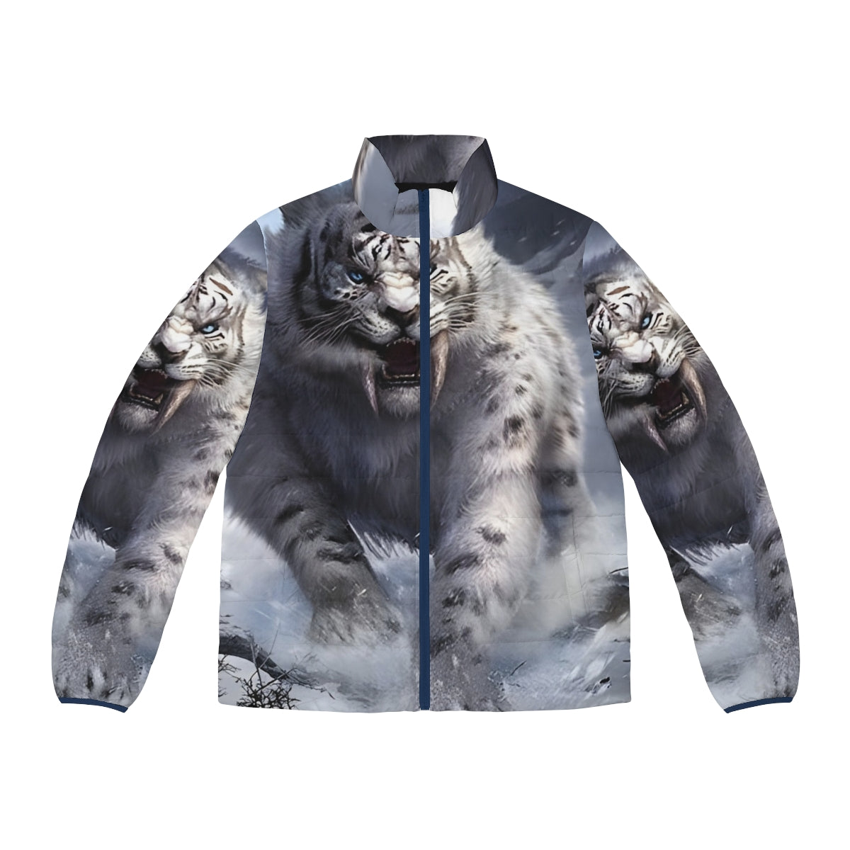 White sabertooth tiger puffer jacket with realistic animal print design