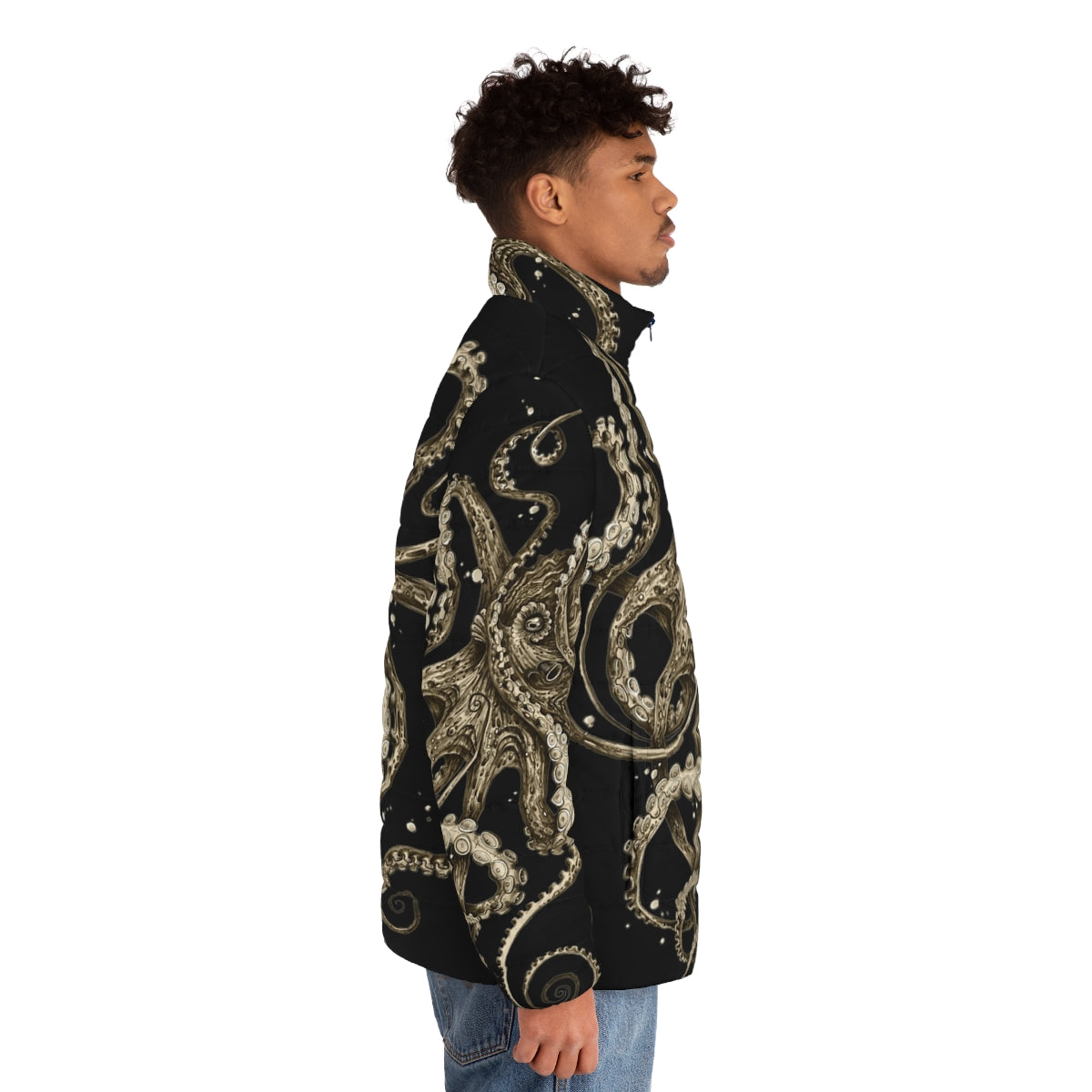 Psychedelic sepia-colored puffer jacket with octopus and tentacle design - men side right