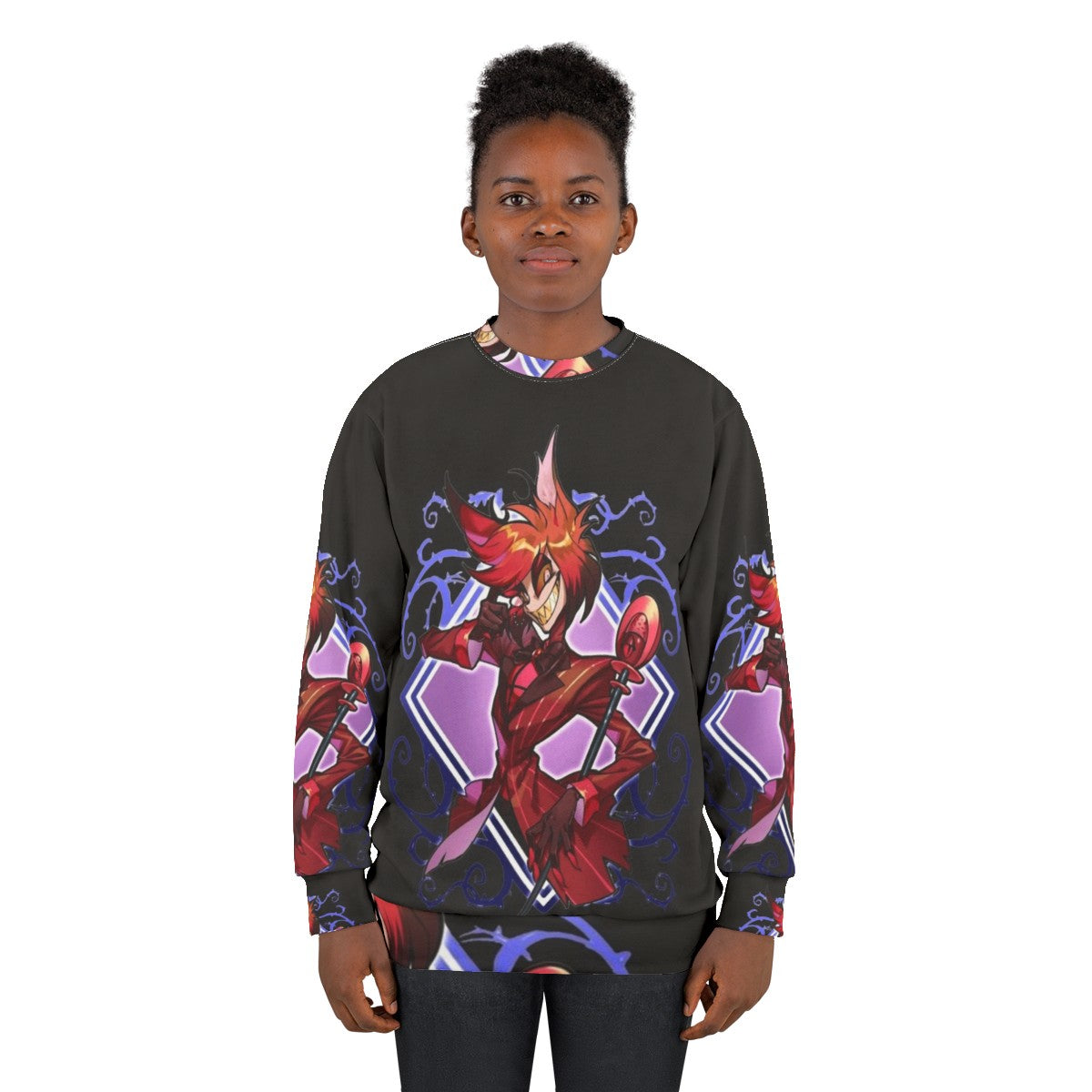 Hazbin Hotel Alastor Sweatshirt featuring chibi-style illustrations of the character - women