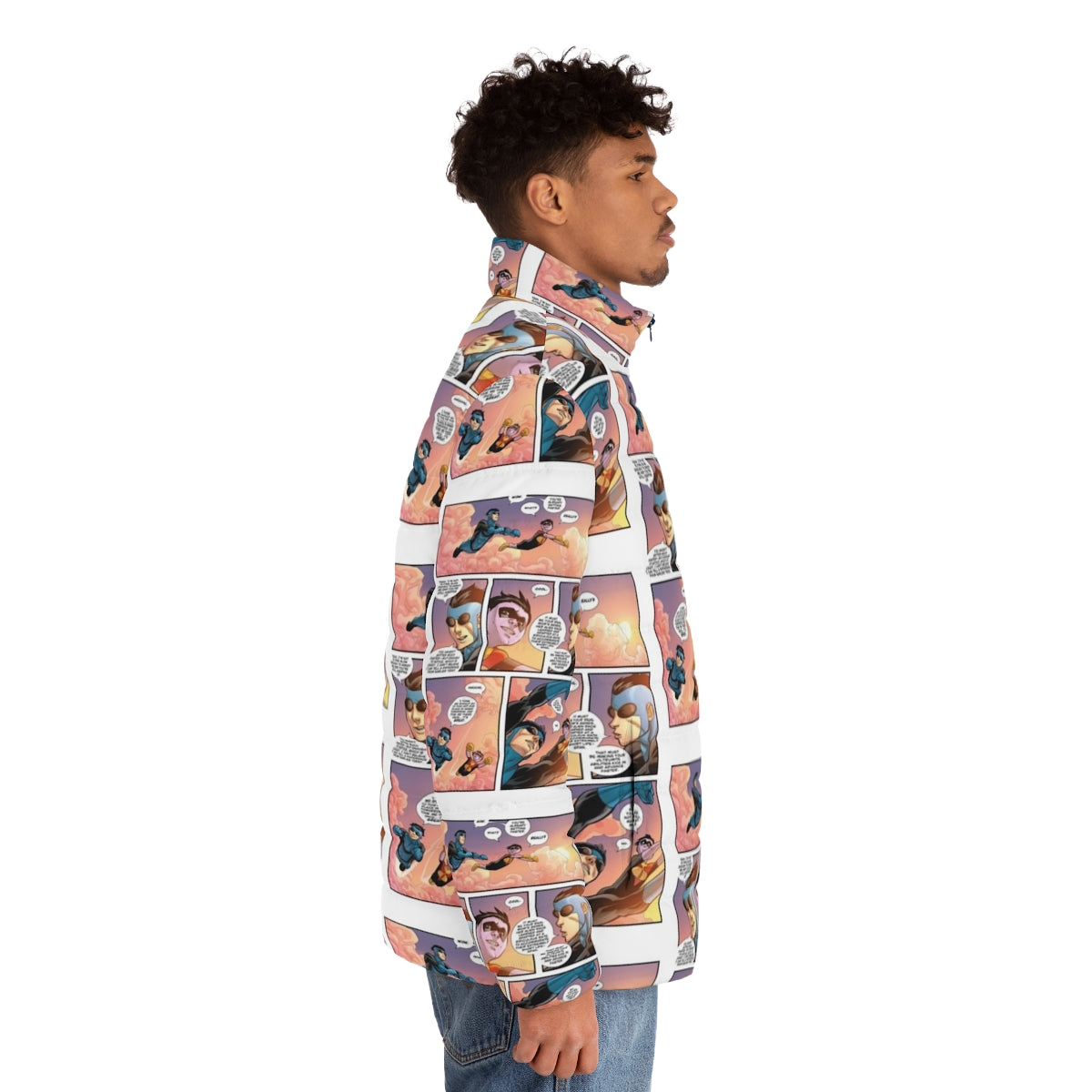 Superhero-inspired puffer jacket featuring Invincible and Omni Man characters - men side right