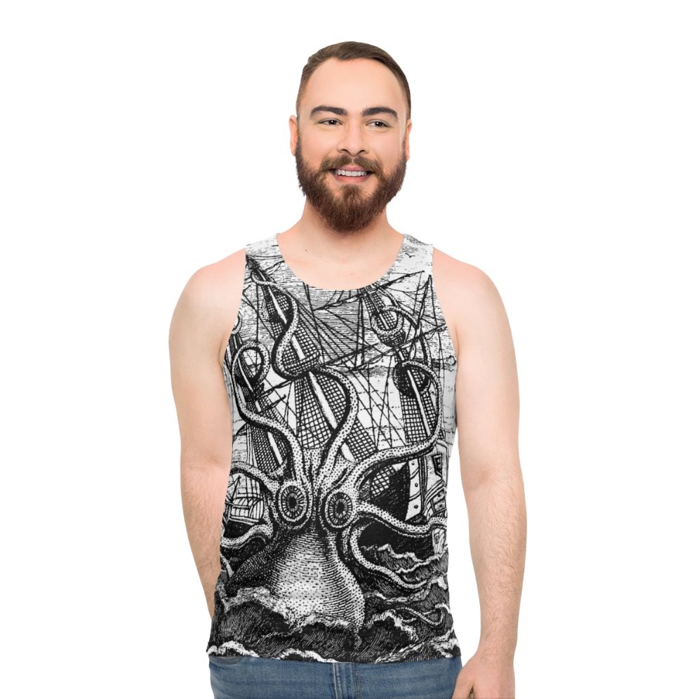 Vintage Kraken Attacking Pirate Ship Illustration Tank Top - men