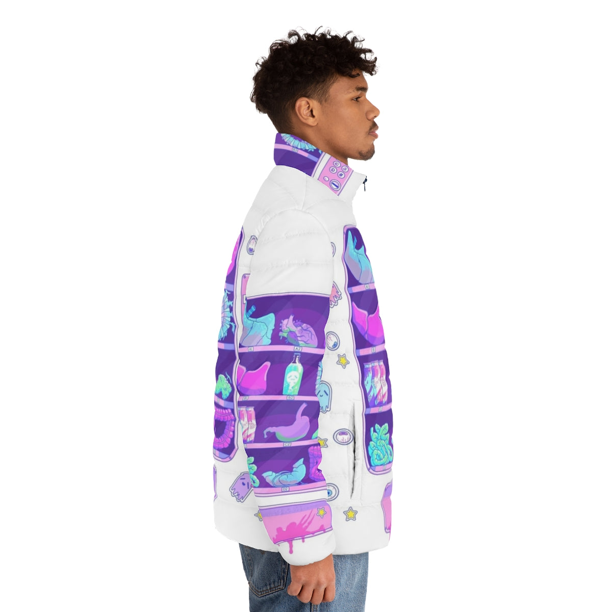 Pastel goth puffer jacket with a print of bizarre, surreal organs - men side right