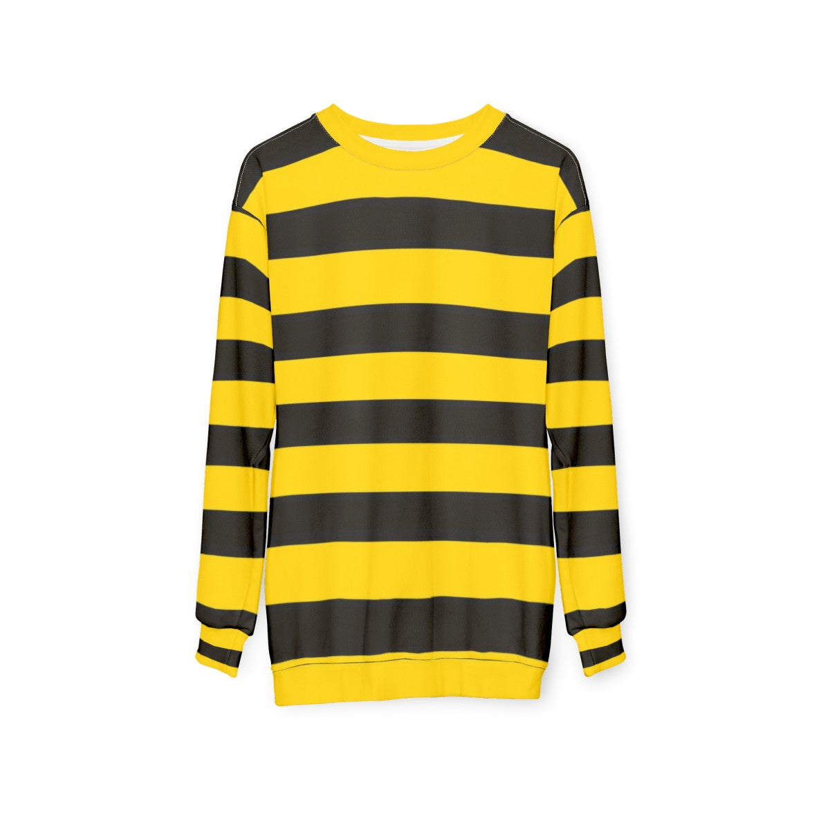 Wide yellow and black striped sweatshirt with a rugby-style design - hanging