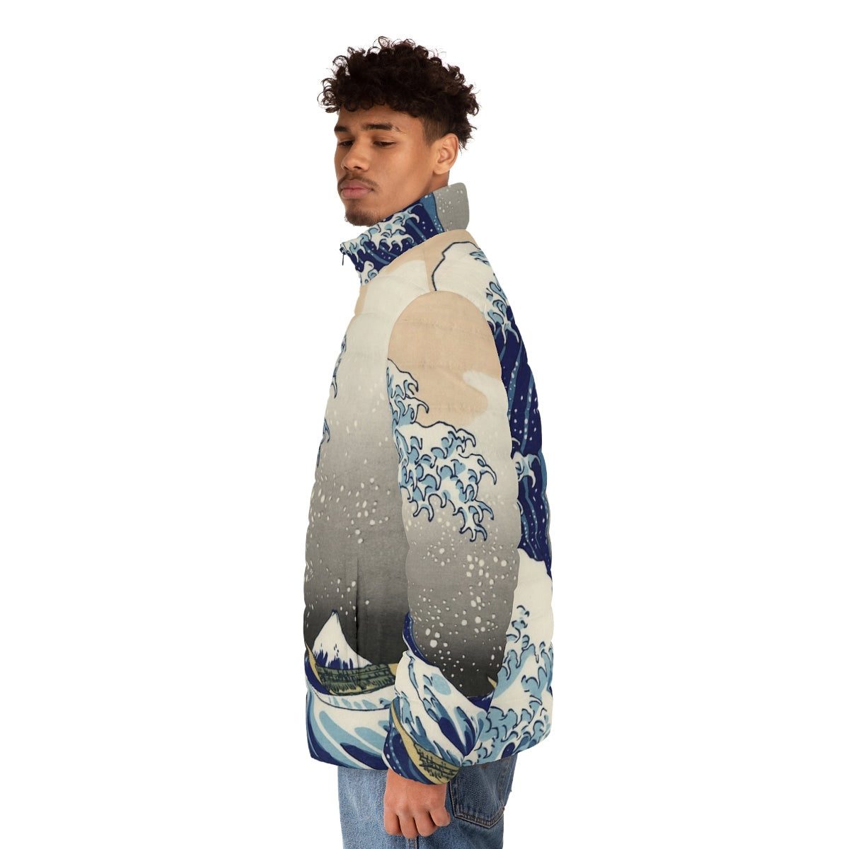 Person wearing a black puffer jacket with the famous 'Great Wave off Kanagawa' design by Hokusai - men side left